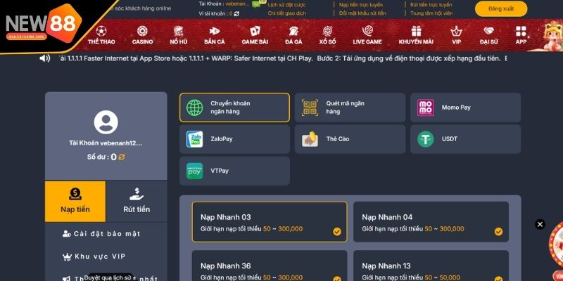 Điều kiện để nạp tiền New88